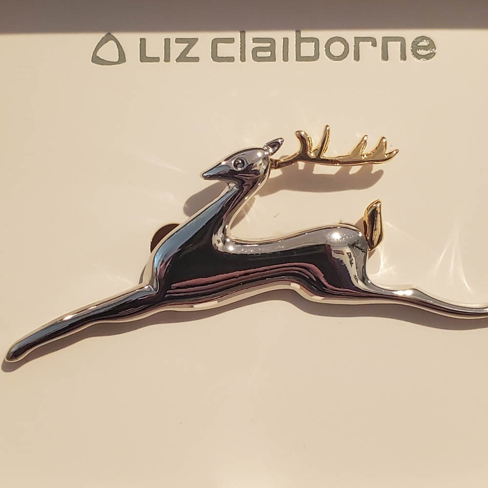 Liz Claiborne Reindeer Silver and Gold Tone Brooch NIB